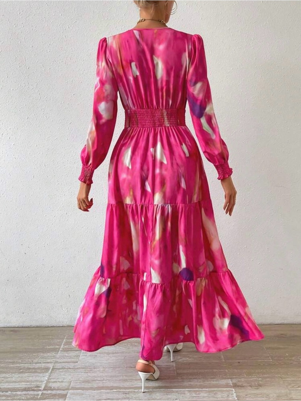Pink V-Neck Tiered Maxi Dress - Picture 2 of 4
